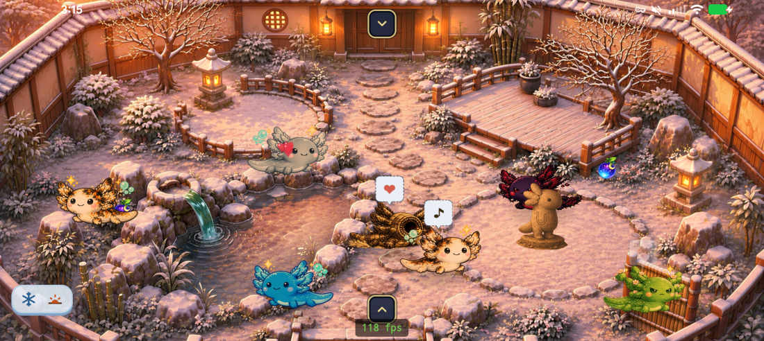 A cozy garden with Axols visiting