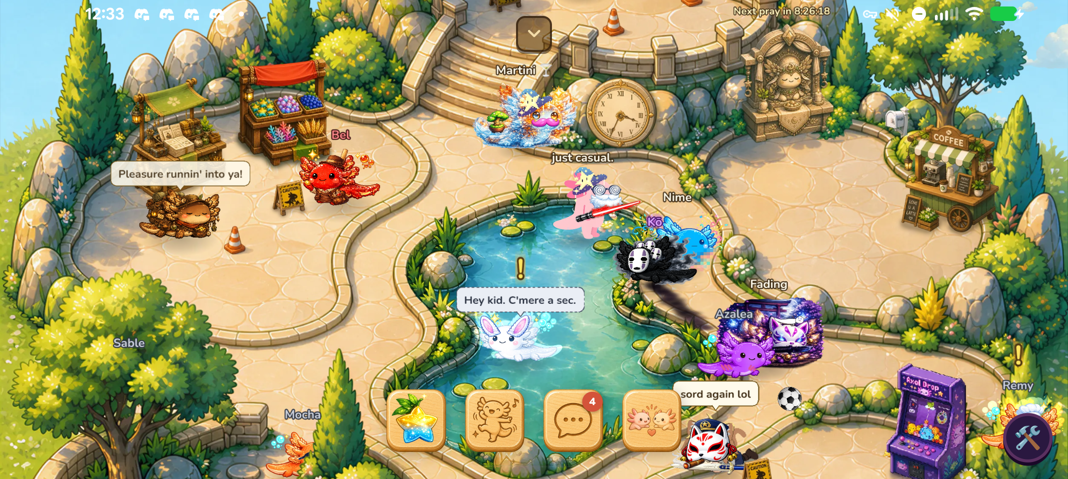 The Axolkin plaza, with players and NPCs gathered together